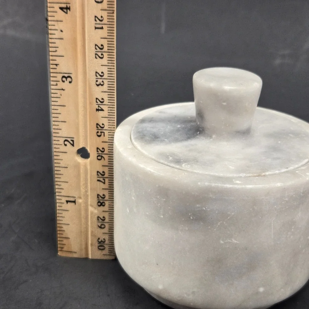 Vintage Natural White Marble Lidded Canister Gray Veined Stone Jar Trinket Box